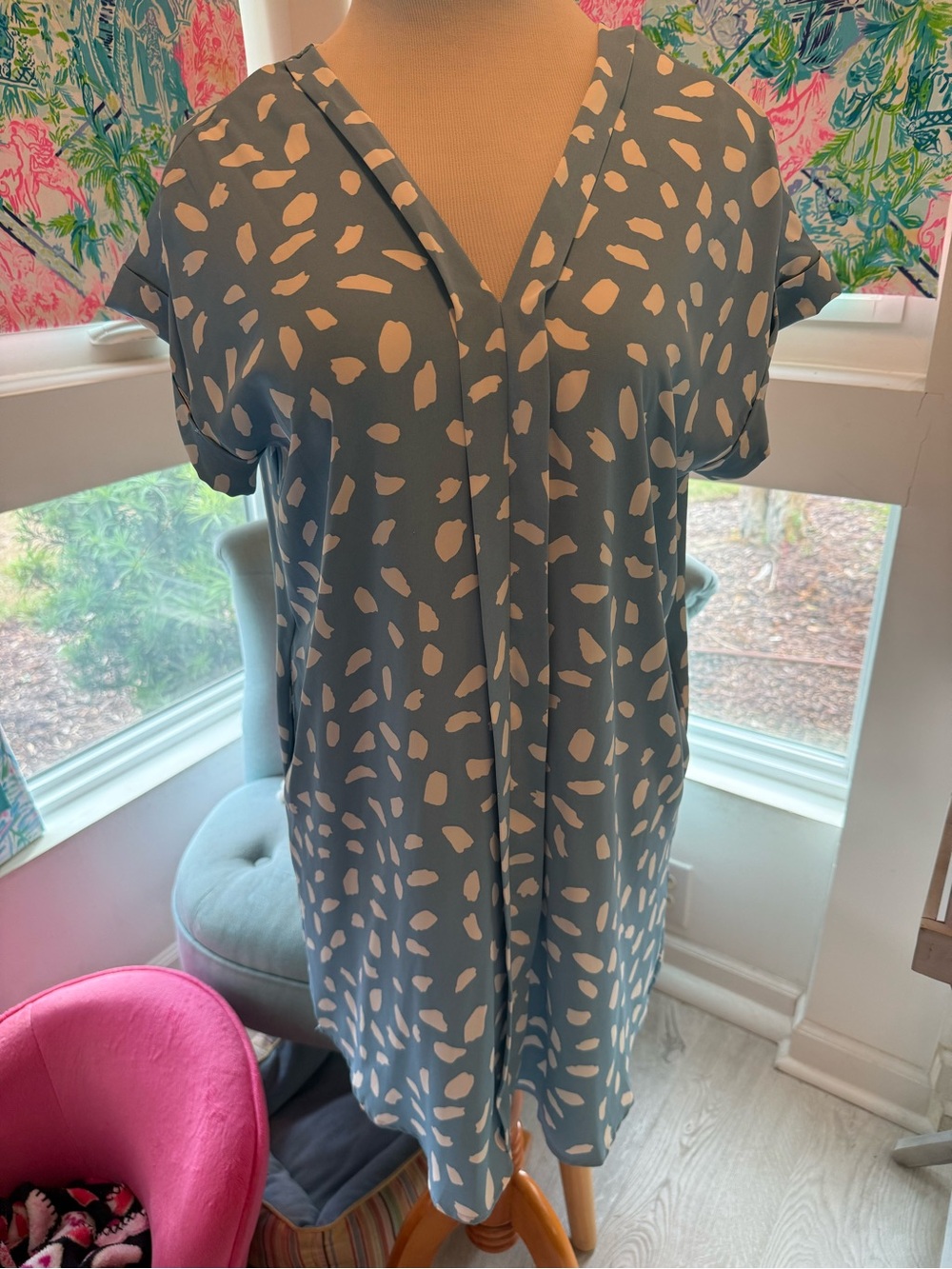 Umgee Light Blue Dress with Cream Spot Pattern